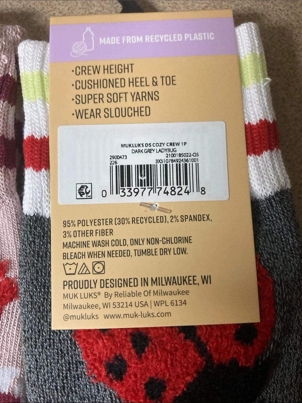 Muk Luks ladies Cozy Crew Socks - Gray with Ladybug & Pink Floral Pair